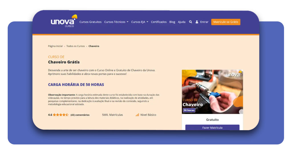 Tela inicial do site UnovaCursos com botão para fazer matrícula no curso de chaveiro grátis