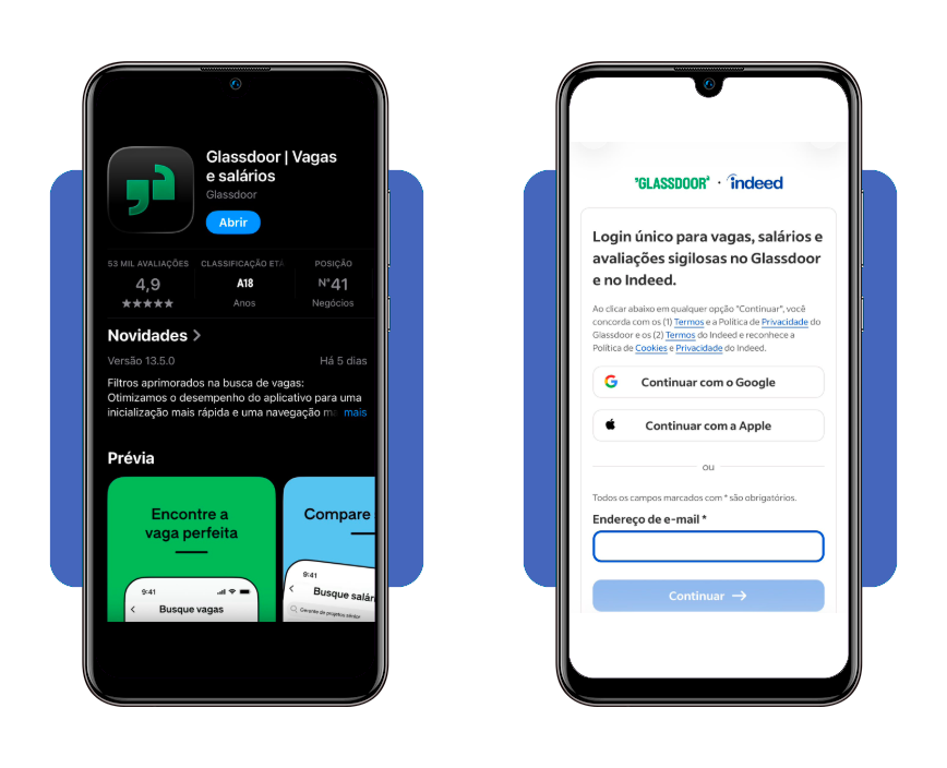 Tela de download e criação de conta no aplicativo Glassdoor