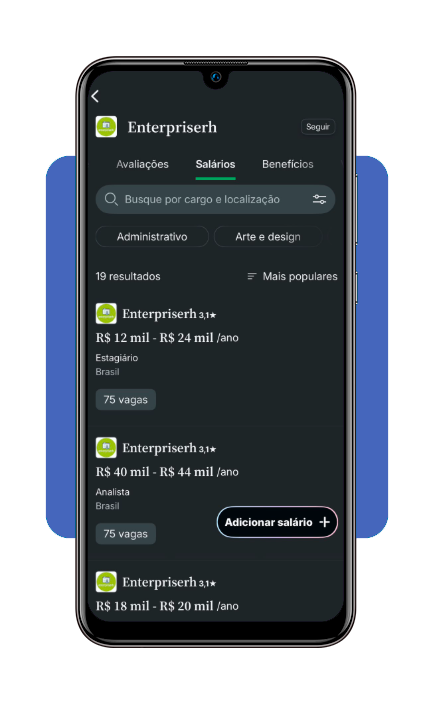 Aba de salários no Glassdoor mostrando faixas salariais por cargo