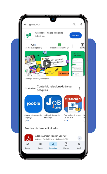 Tela de download do aplicativo Glassdoor na loja de aplicativos