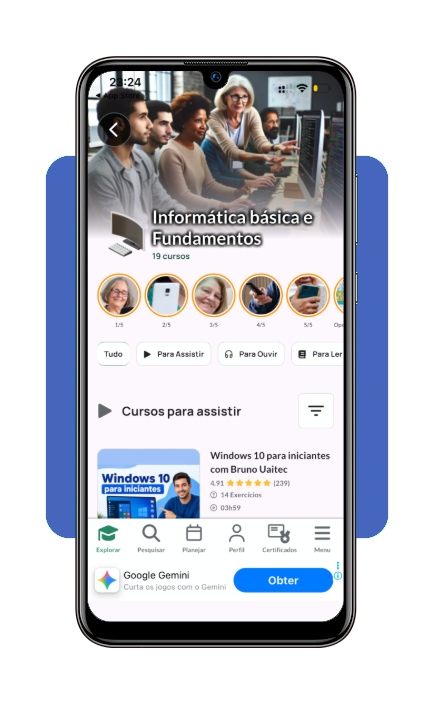 Aulas em vídeo sendo assistidas no aplicativo Cursa