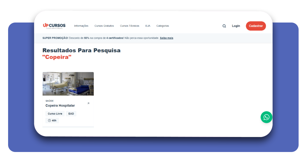 Barra de pesquisa do site UP Cursos com curso de copeira hospitalar