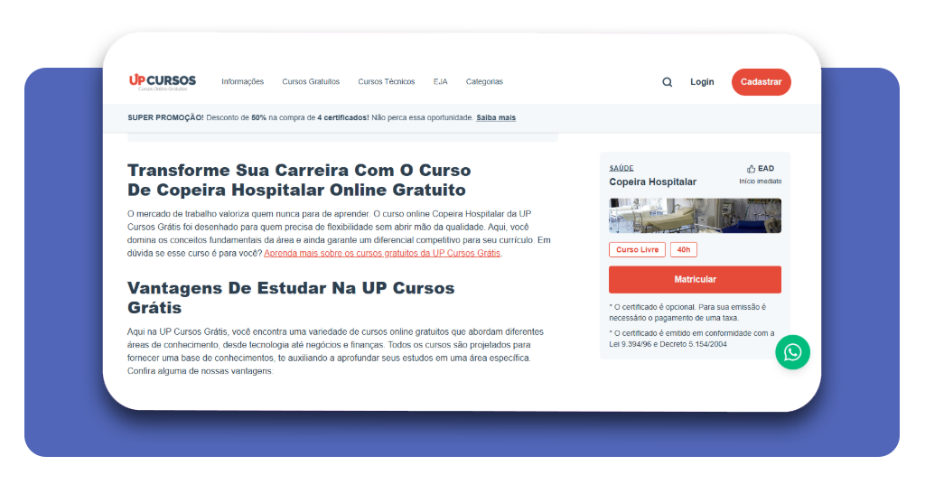 Página do curso de copeira hospitalar na UP Cursos