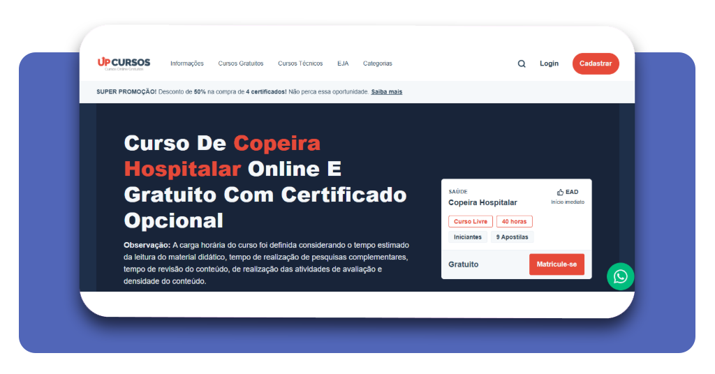 Botão de matrícula no curso de copeira hospitalar da UP Cursos