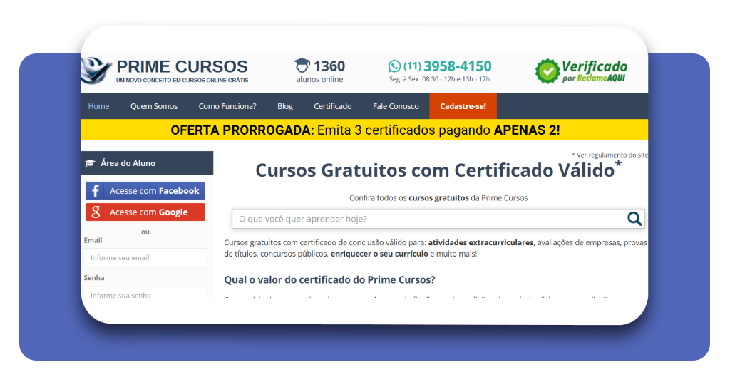 Passo 1 - Acesse o site oficial da Prime Cursos para o curso de encanador grátis
