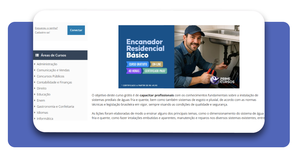 Passo 4 - Página do curso de encanador grátis na Prime Cursos