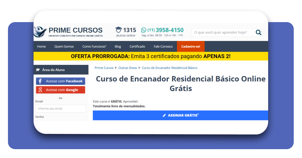 Passo 5 - Botão Assinar Grátis para iniciar o curso de encanador