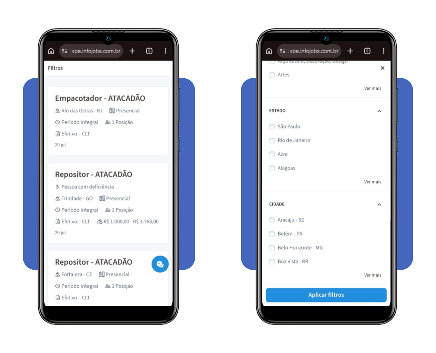 Tela do portal Infojobs mostrando os filtros de busca de vagas do Atacadão