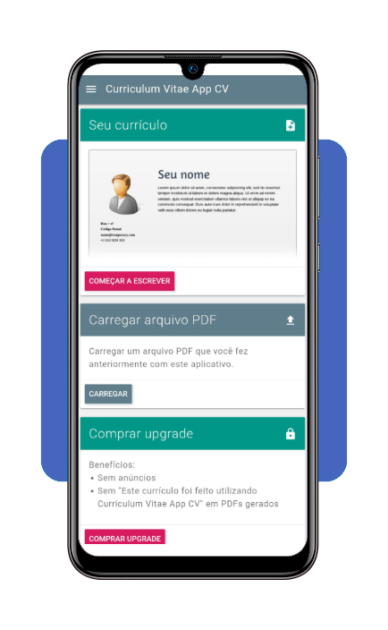 Passo 2 - Tela inicial do aplicativo Curriculum Vitae App CV