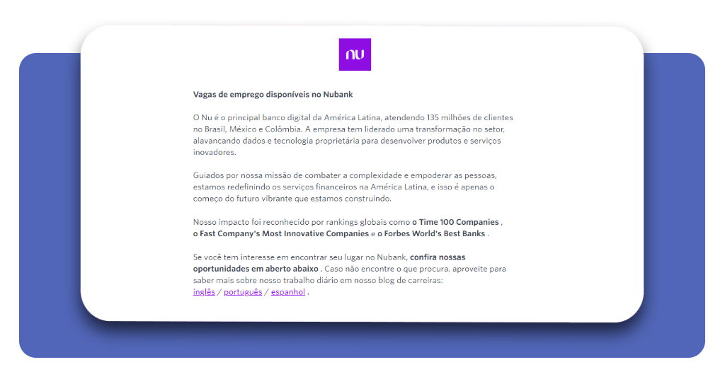 Página de listagem de vagas do Nubank