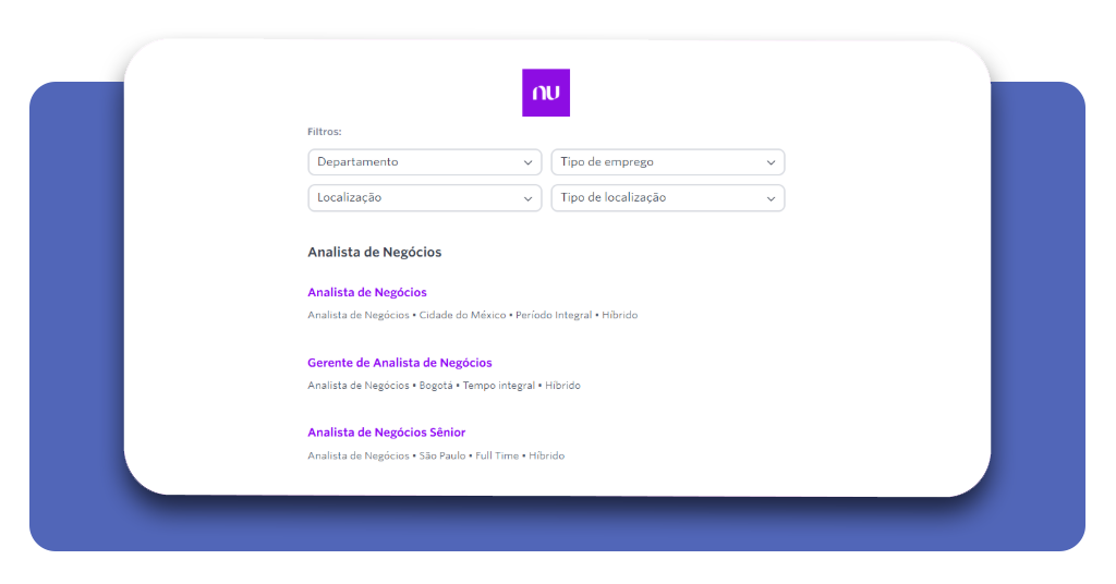 Filtros de busca de vagas no site do Nubank