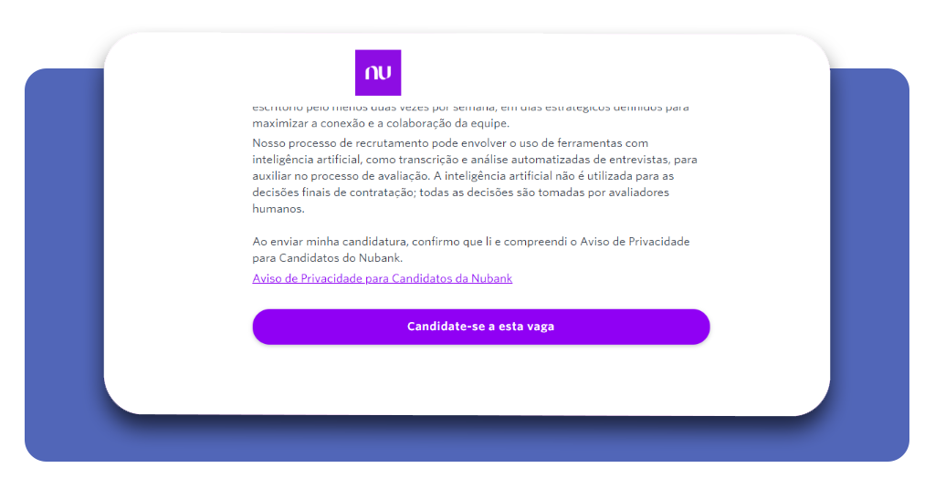 Página de detalhes de vaga no Nubank com botão de candidatura