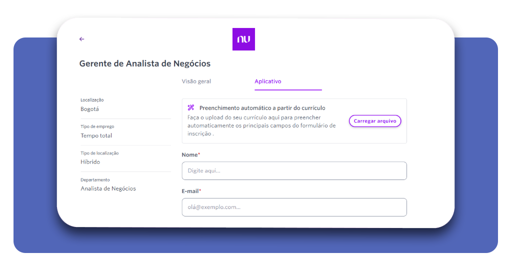 Formulário de envio de currículo no processo seletivo do Nubank