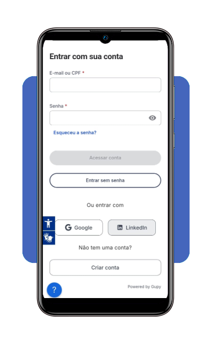 Tela de login ou criação de conta na plataforma Gupy para candidatura na Coca-Cola