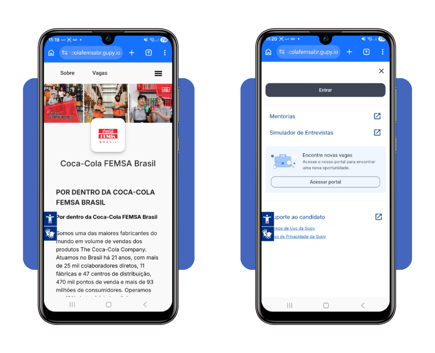 Tela inicial do portal de recrutamento da Coca-Cola FEMSA com menu de acesso