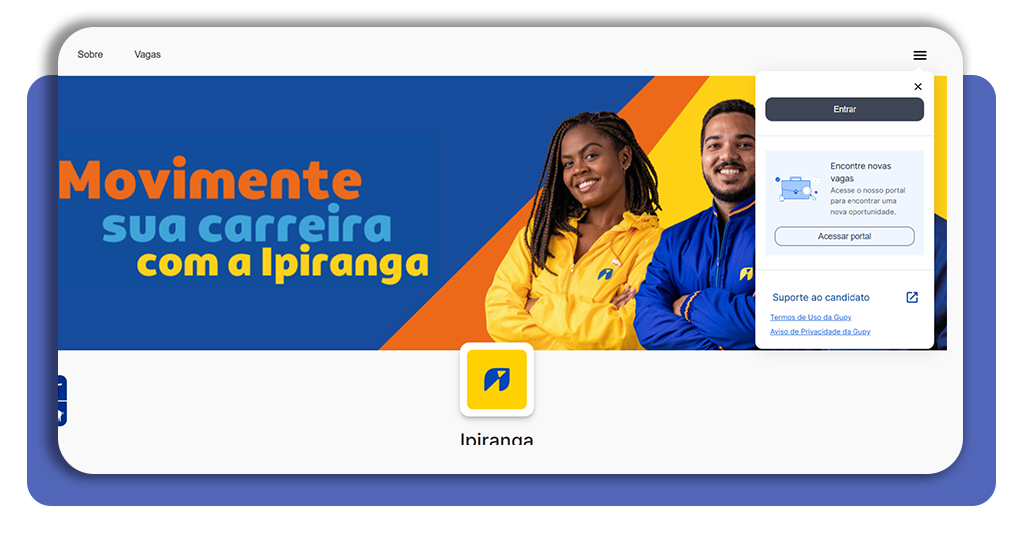 Tela inicial do portal de carreiras da Ipiranga com opção de login