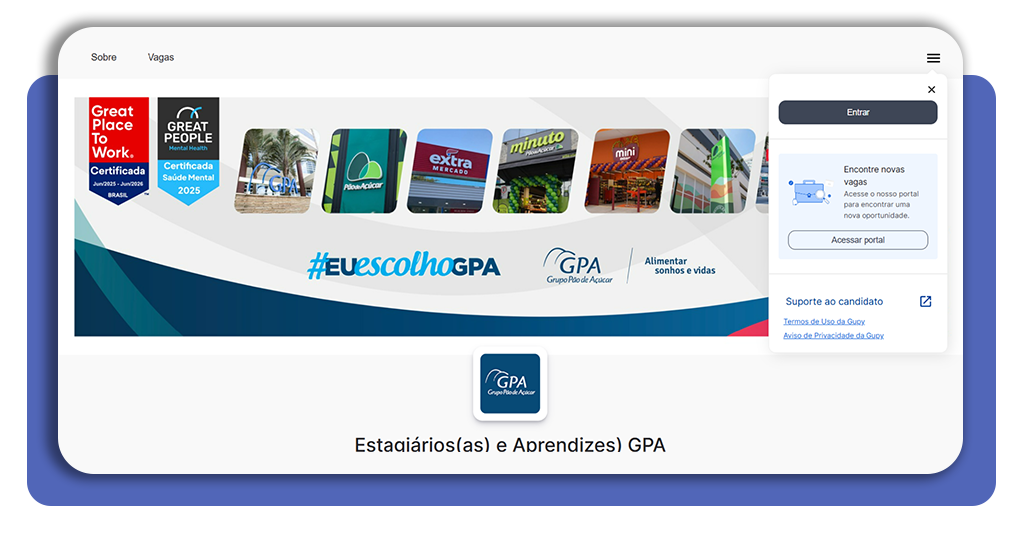 Tela inicial da plataforma de inscrição do Jovem Aprendiz Pão de Açúcar com botão Entrar destacado