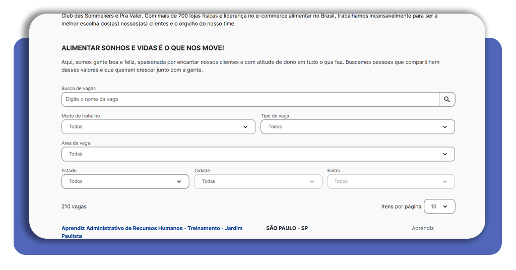 Tabela de vagas disponíveis na plataforma do Jovem Aprendiz Pão de Açúcar com filtros de pesquisa