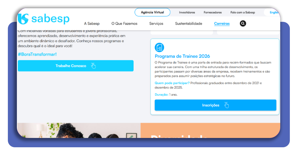 Tela do programa Trainee Sabesp com botão de inscrições