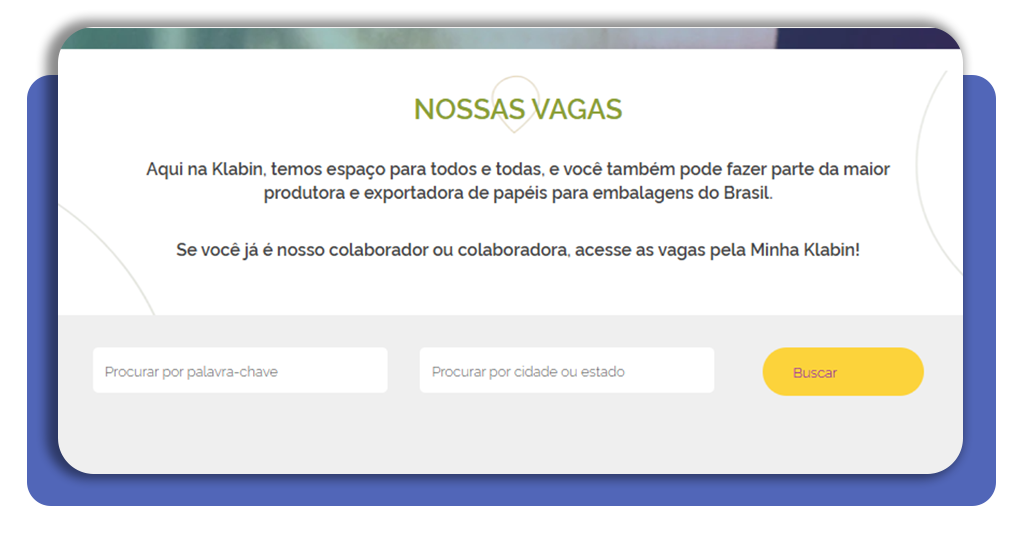 Filtros de pesquisa de vagas no site da Klabin