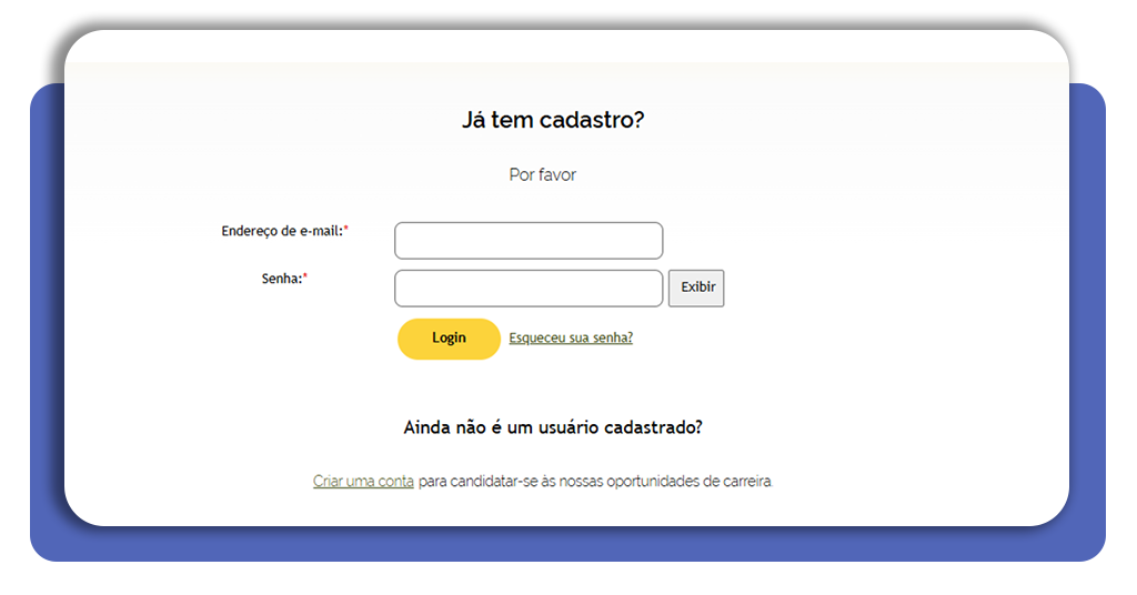 Tela de cadastro e login no portal de carreiras da Klabin