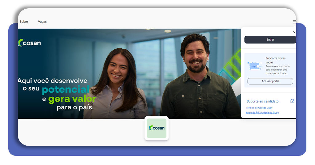 Tela inicial da plataforma de recrutamento da Cosan com menu de acesso