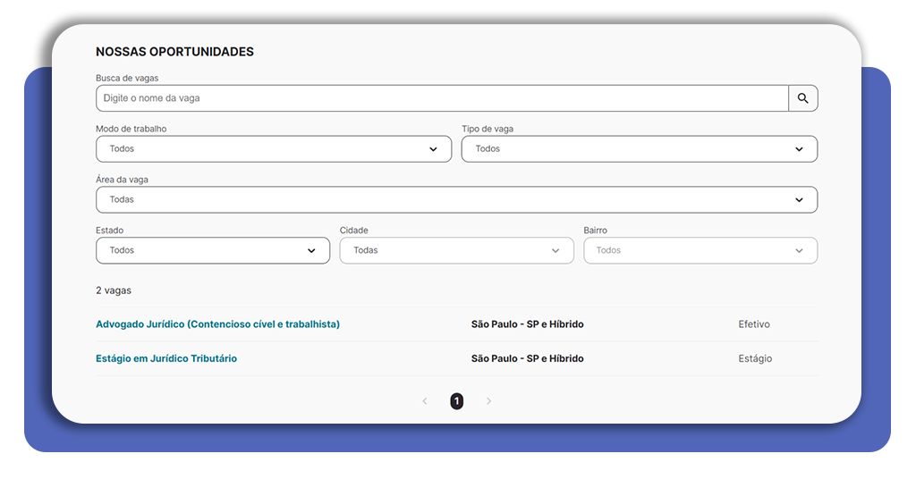 Tabela de vagas disponíveis na plataforma de recrutamento da Cosan com filtros