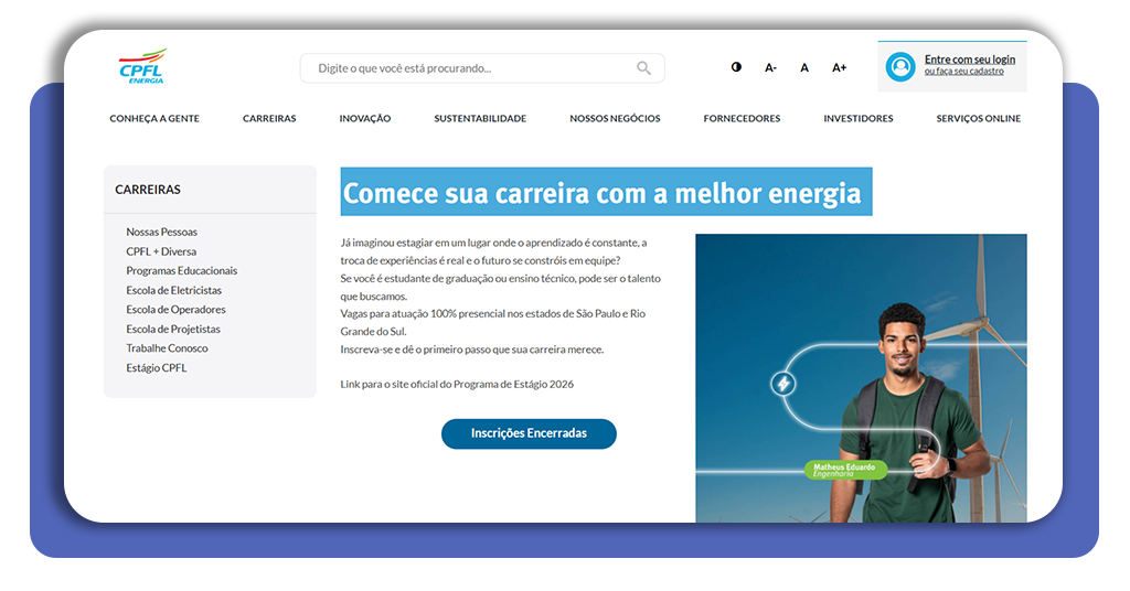 Tela inicial do portal de estágio da CPFL Energia com opção de login ou cadastro