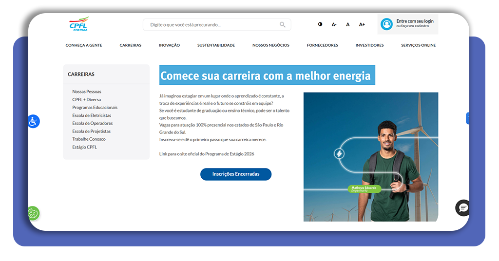 Página de vagas de estágio da CPFL Energia com botão de inscrições abertas