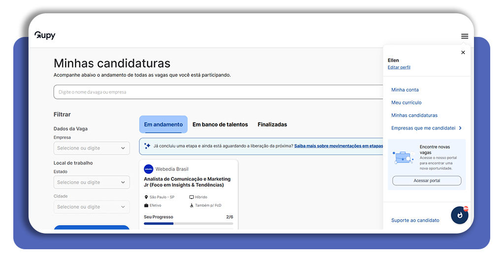 Seção Meu currículo no portal de vagas da Sabesp