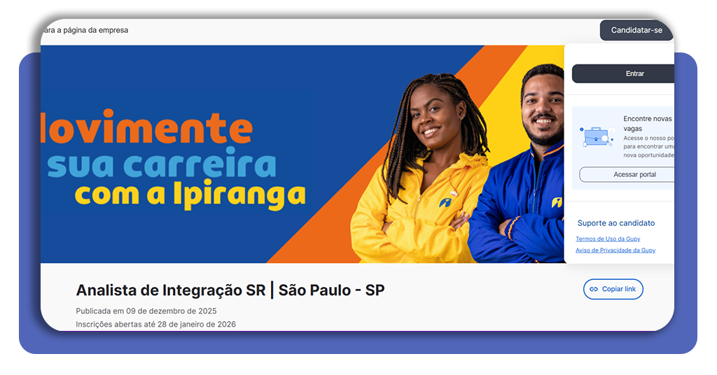 Tela inicial da plataforma de recrutamento da Ipiranga com opção de login