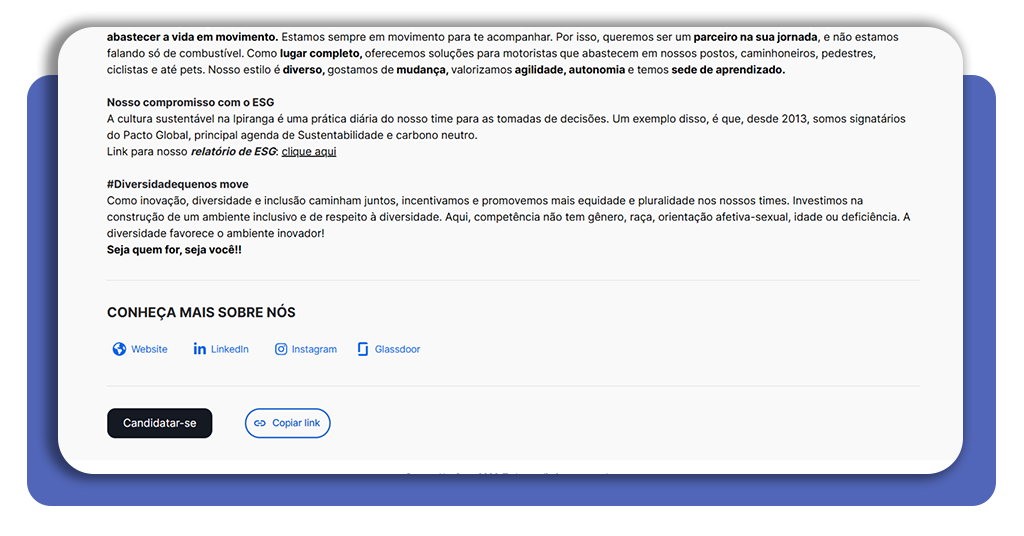 Tela de candidatura a uma vaga na plataforma da Ipiranga