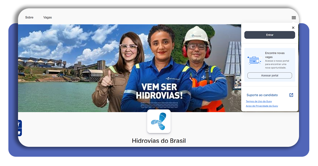 Tela inicial da plataforma de vagas da Hidrovias do Brasil com opção de login