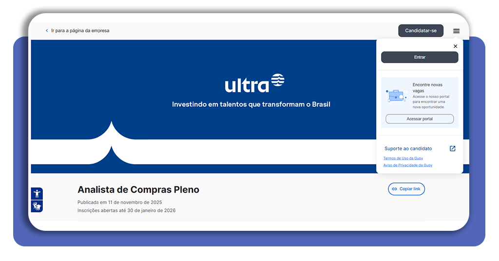 Tela inicial do site do Grupo Ultra com menu de acesso