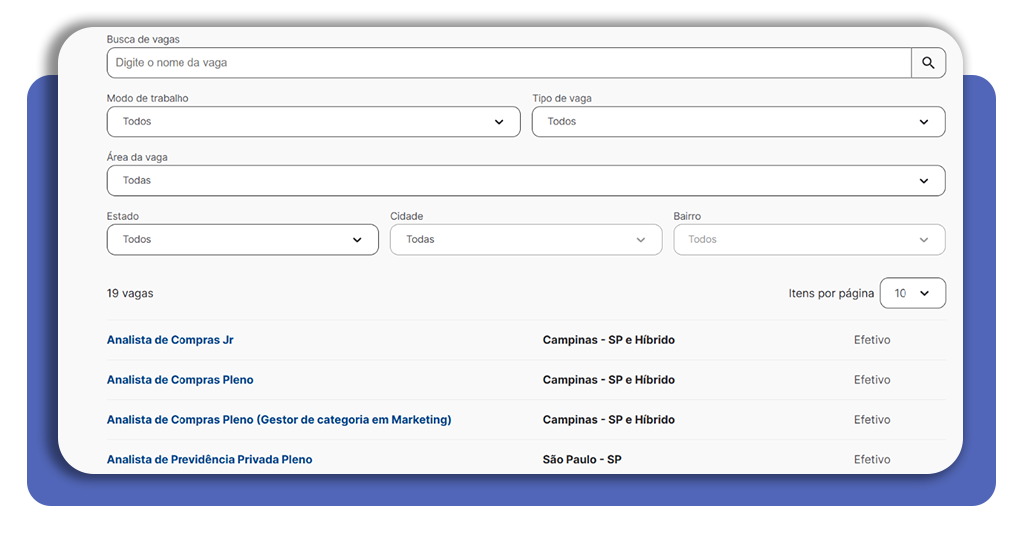 Formulário de busca de vagas no site do Grupo Ultra com filtros