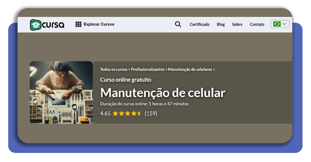 Tela do curso de manutenção de celulares no aplicativo Cursa