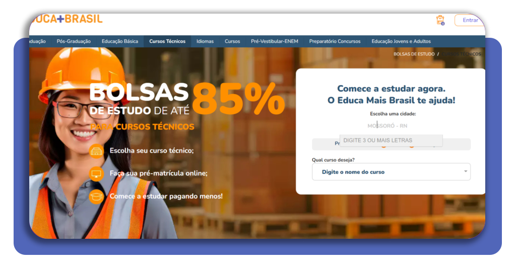 Tela inicial do site Educa Mais Brasil para busca de bolsa de curso técnico por cidade