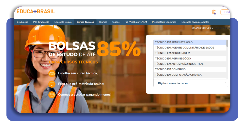Opções de busca por curso ou instituição no Educa Mais Brasil