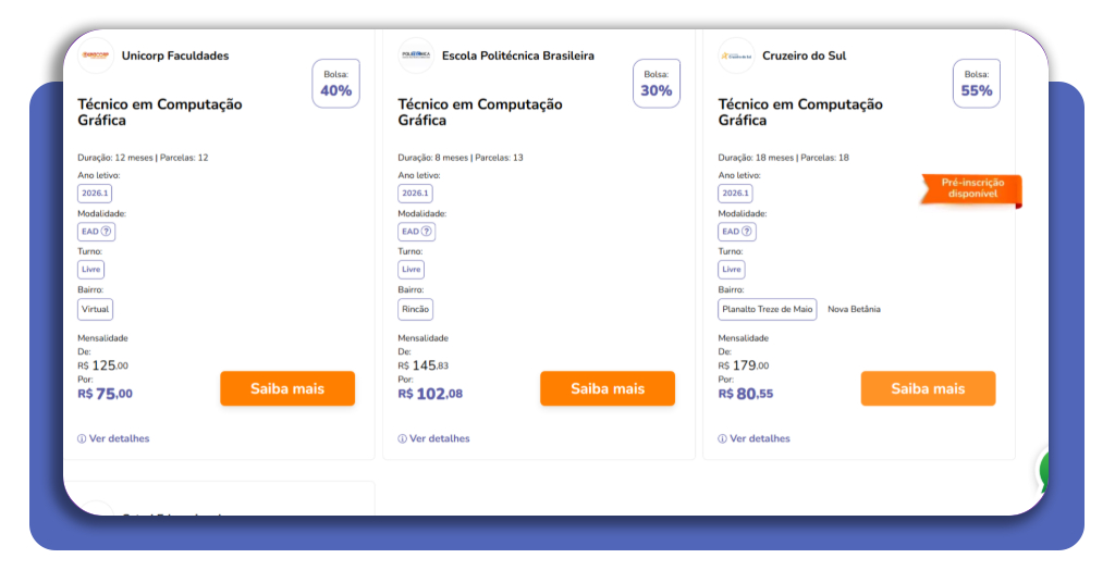 Listagem de cursos técnicos com bolsa disponíveis no Educa Mais Brasil