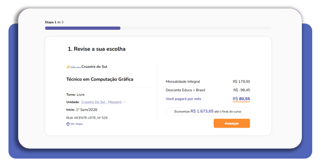 Tela de inscrição na bolsa de curso técnico no Educa Mais Brasil