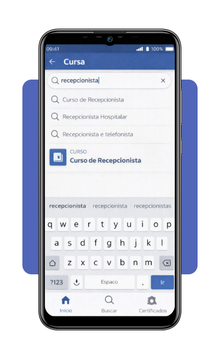 Tela de busca com 'recepcionista' digitado no aplicativo Cursa