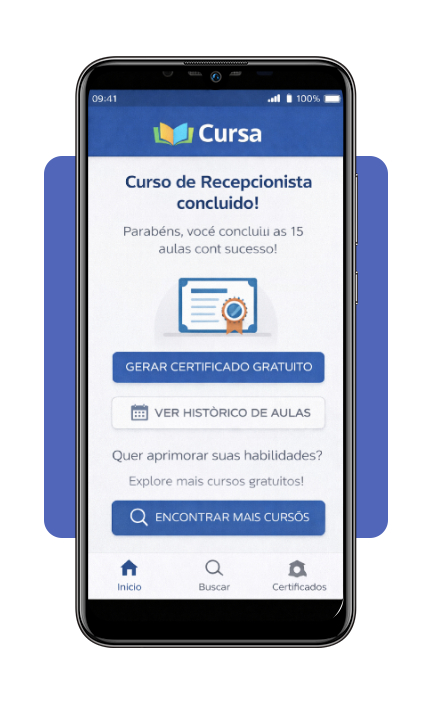 Tela de conclusão de curso com opção de certificado no aplicativo Cursa