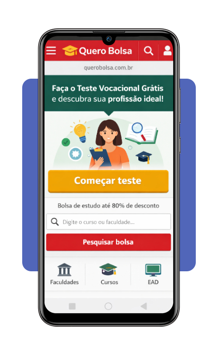 Tela inicial do site Quero Bolsa com botão de início do teste vocacional grátis