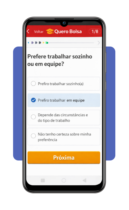 Tela com pergunta de múltipla escolha do teste vocacional grátis