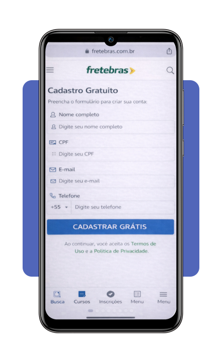 Tela de cadastro do Fretebras com campos de preenchimento