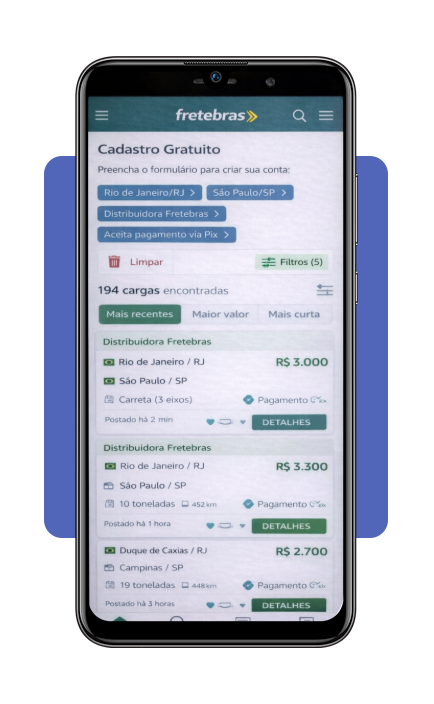 Tela do app Fretebras com filtros aplicados e lista de cargas