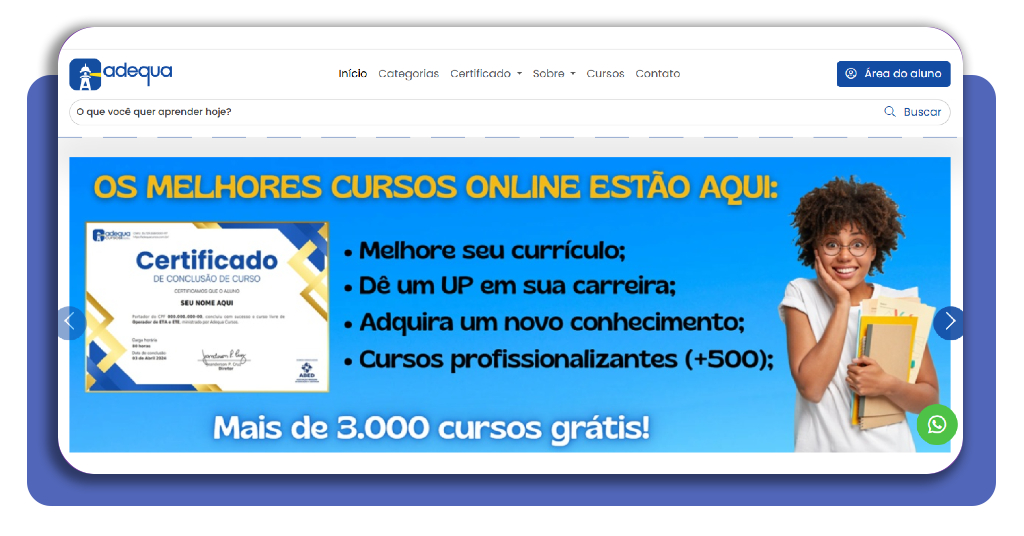 Tela inicial do site da Adequa Cursos acessada pelo celular