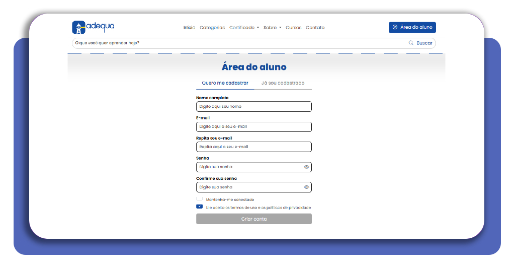 Tela de cadastro na área do aluno da Adequa Cursos