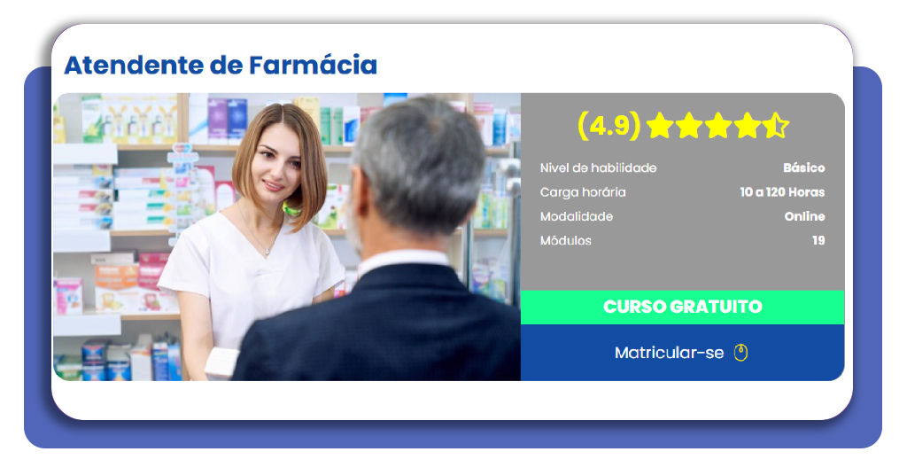 Botão de matrícula gratuita no curso de atendente de farmácia na Adequa Cursos