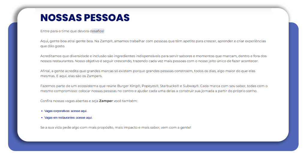 Site da Zamp com vagas corporativas para redes de fast food
